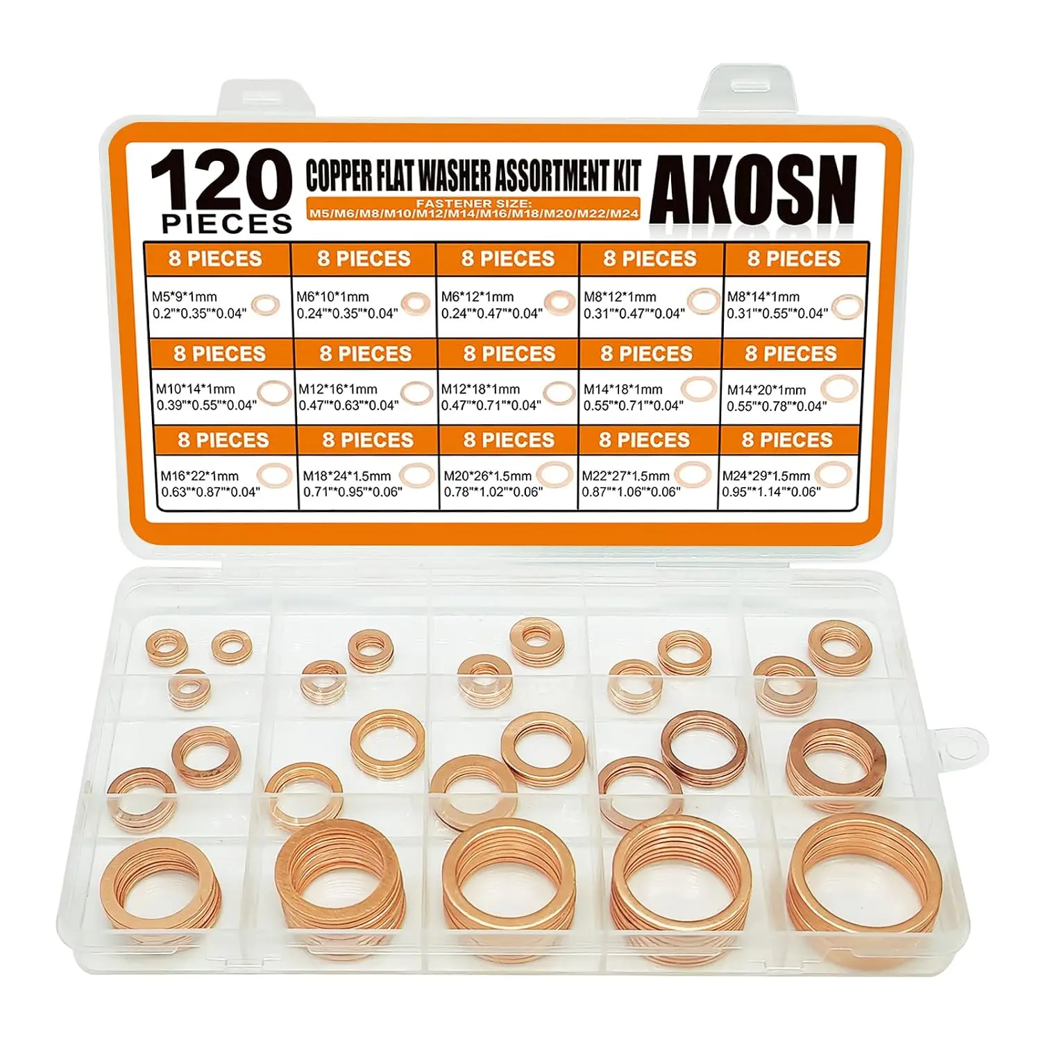 120 PCS Copper Washers Assortment Kit, Crush Flat Washers, Copper Sealing Washer Set for Automotive and Mechanical Use; 15 Sizes (M5- M24)