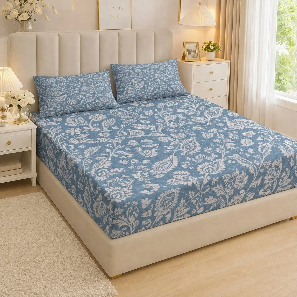 3-Piece Floral Paisley Blue Bed Sheet Set, Includes 1 Bed Sheet and 2 Pillowcases, Comfortable Bedding, Soft Mattress Protector, Breathable Material