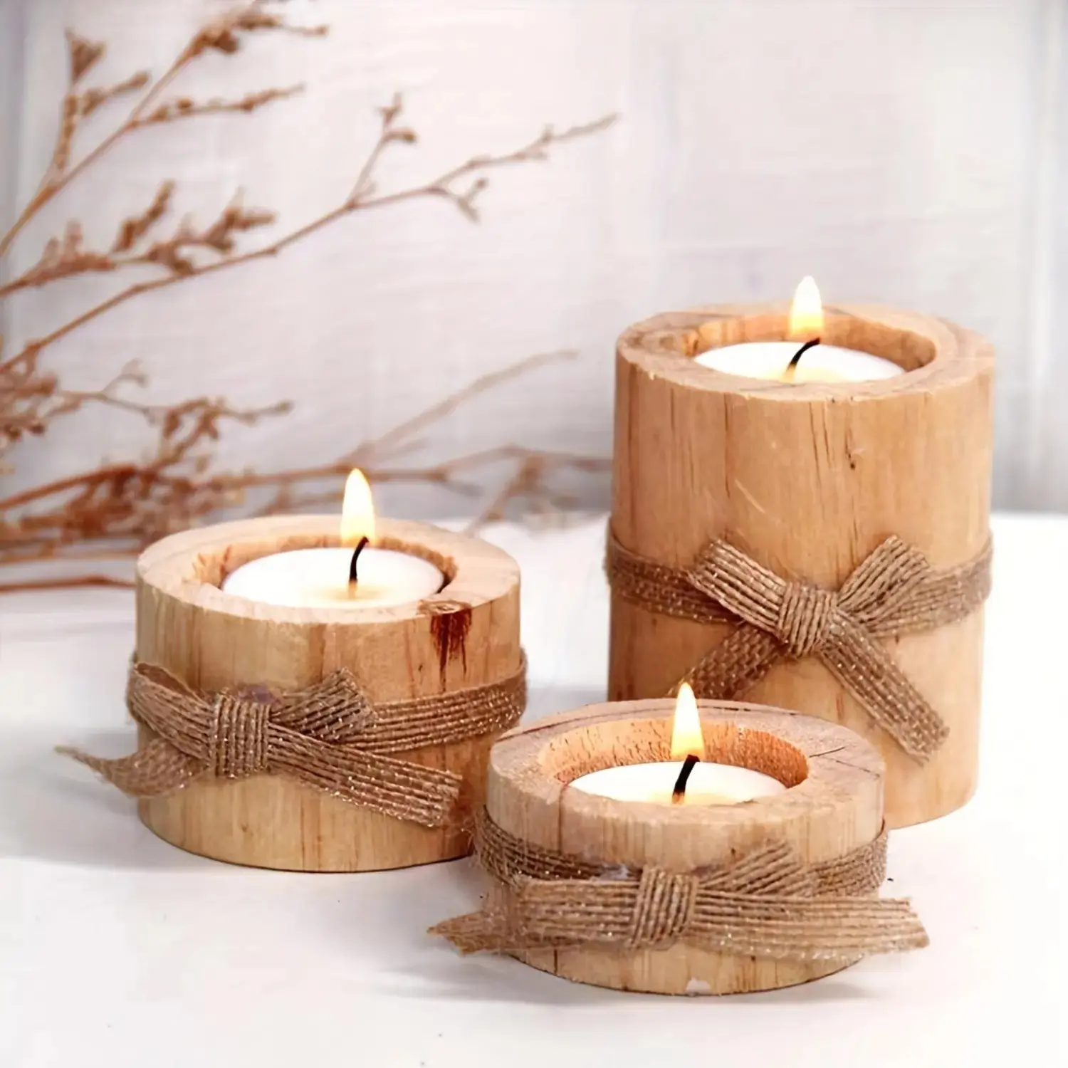 Rustic 3-Piece Wooden Tealight Candle Holder Set, Mini Solid Wood Tea Light Stand, Table Decor for Wedding Gift, Indoor Leisure Home Ornament, Simple, Mini Size