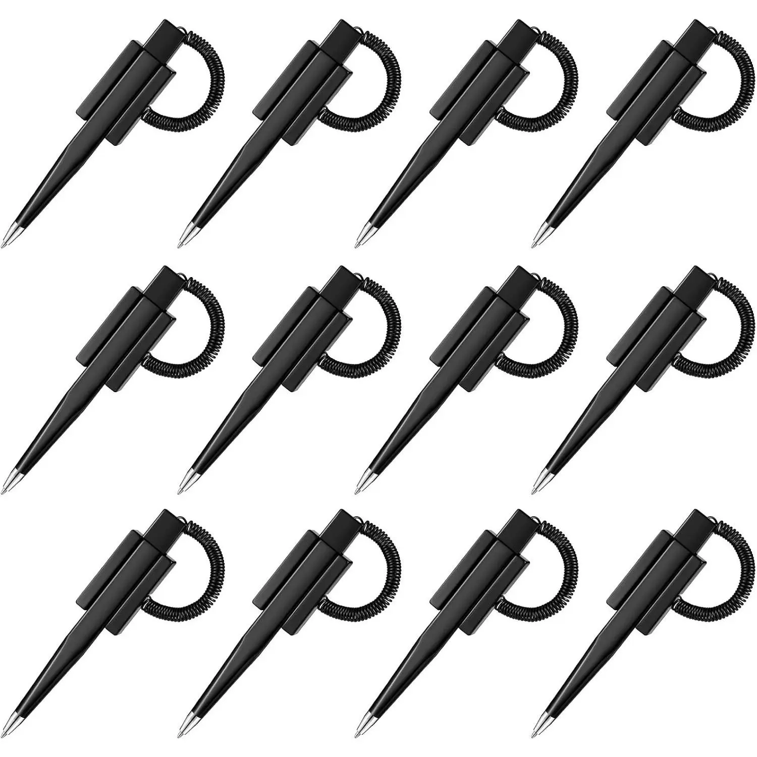 12 Pieces Secure Counter Pens with Adhesive Chain, Black Ink, Base Pen Holder and Plastic Coil for Home, Bank, Office, Hotel Supplies