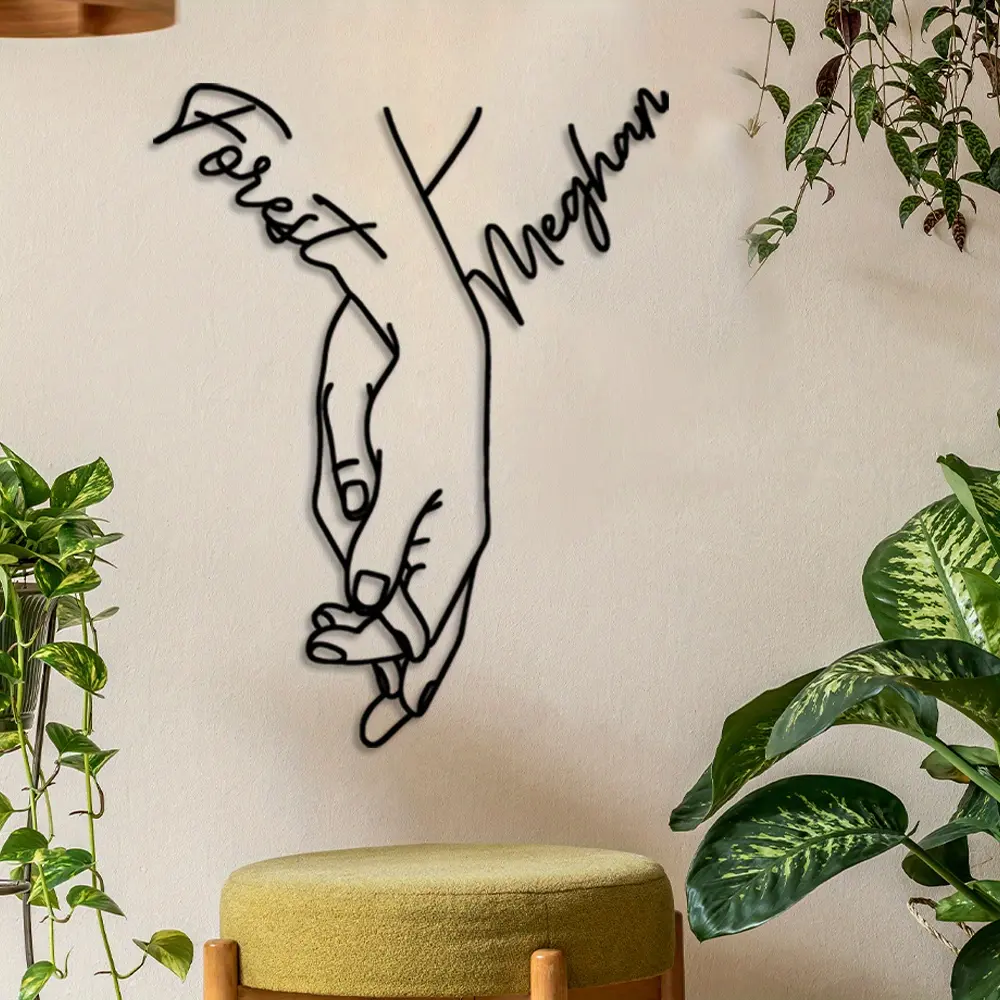 [2D Flat] [2D Flat] 1pc Personalized Couple Holding Hands Metal Wall Art - Custom Line Art Design with Names/Text, Intertwined Hand Shadows - Wedding, Anniversary, Valentine's Day Gift - Minimalist Modern Door, Living Room