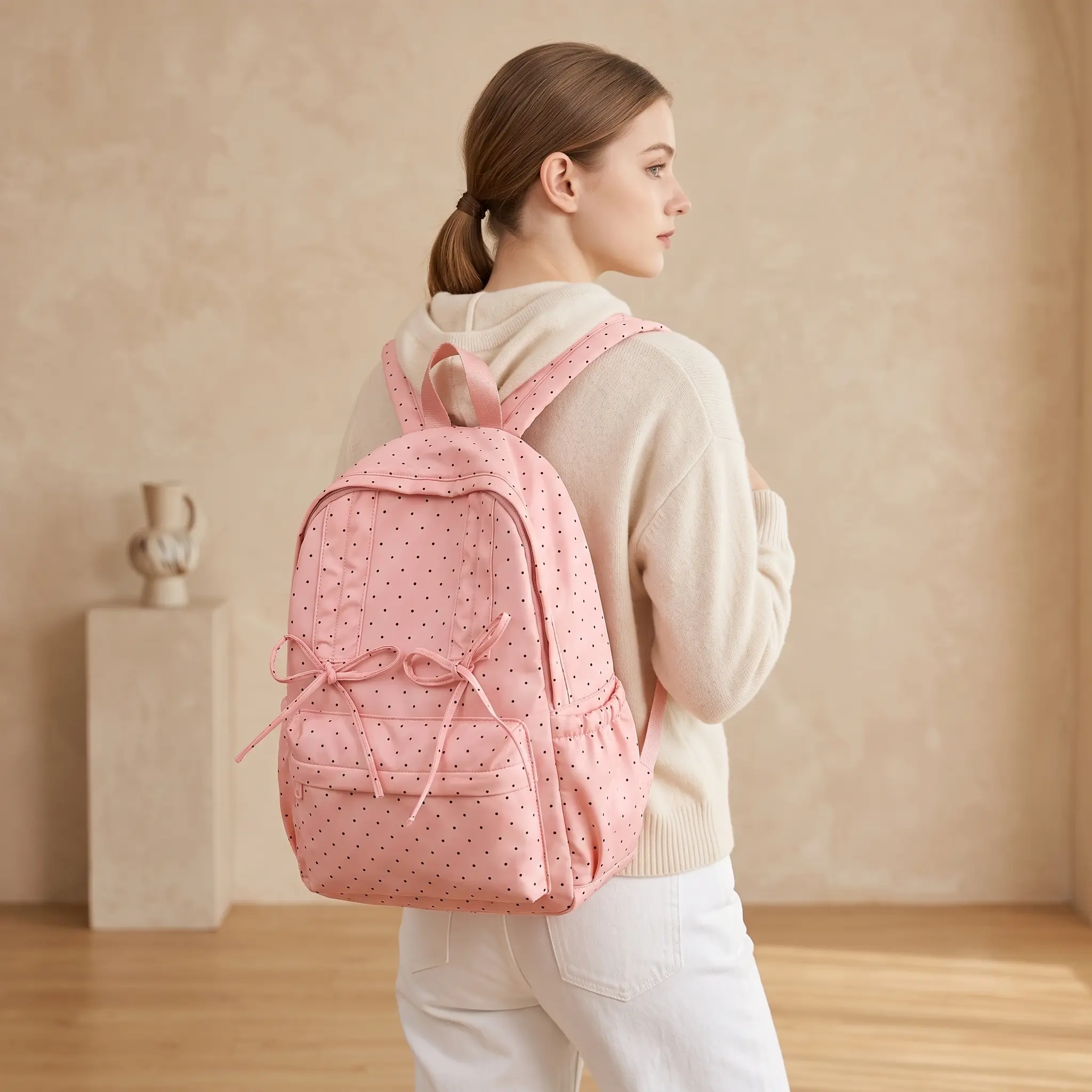 Everyday Essential Backpack For School Girls 14 Inch Laptop Expandable Nylon Cute Minimalist Campus Print Lightweight Under 20L Women Daily Wear