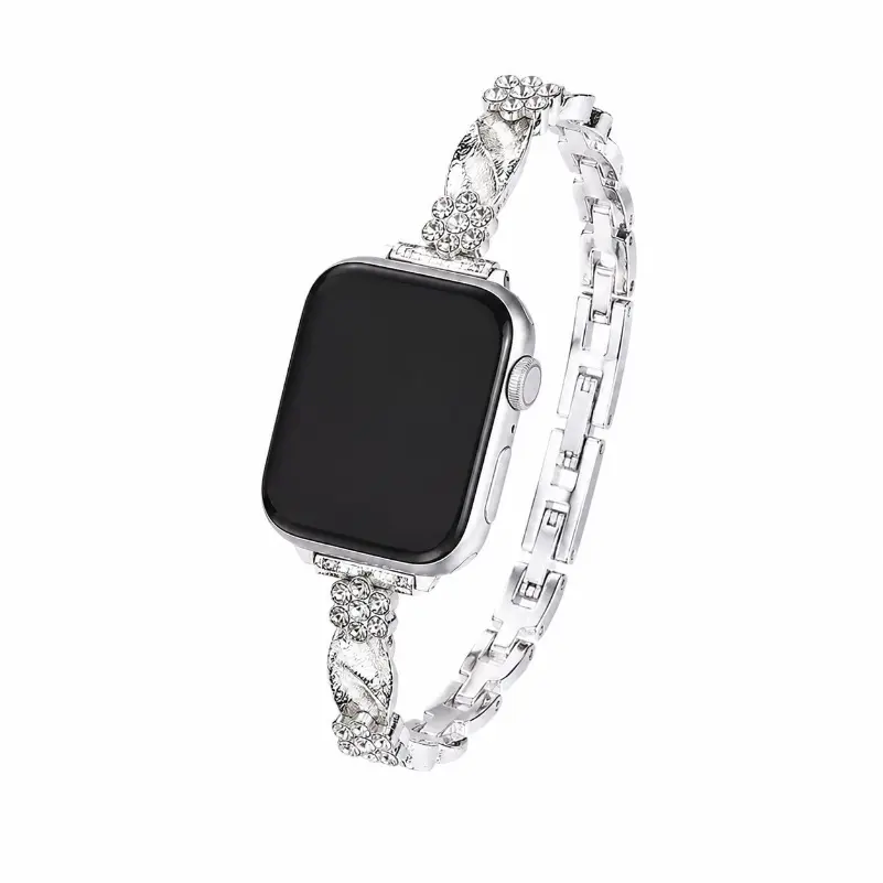 Floral Rhinestone Watch Band for Women, Decorative Silicone Smartwatch Strap, Adjustable & Lightweight Wearable for Daily Style