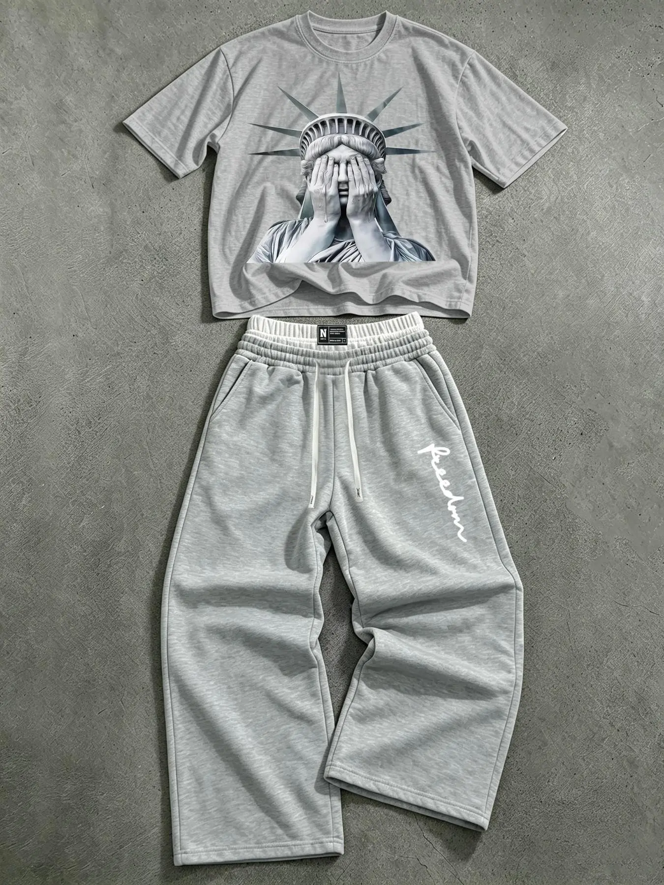American Statue of Liberty print short-sleeved set, unisex, with double drawstring waist belt, wide-leg sweatpants, casual two-piece set.