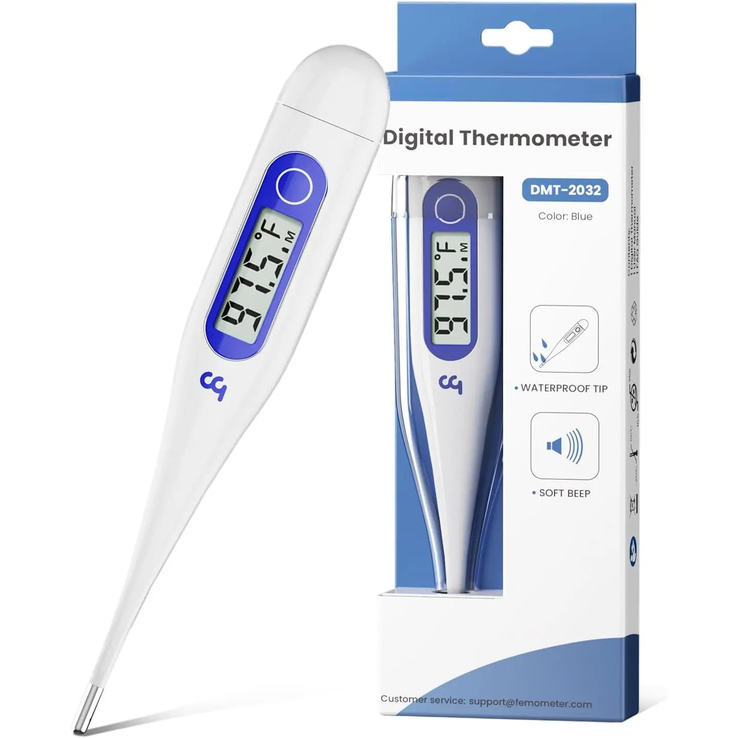 Thermometer for adults and children, digital thermometer, with fever alarm function, memory function, switchable between Celsius and Fahrenheit, suitable for oral, rectal, or armpit measurement, Klein blue