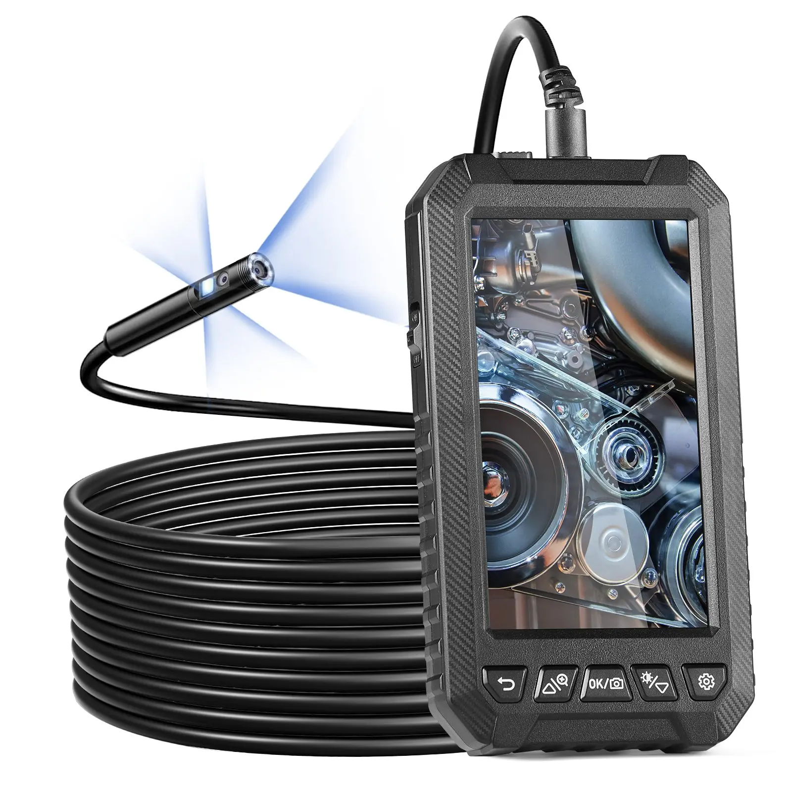 VEVOR Endoscope Camera with Light, Triple Lens Industrial Borescope, 5" Screen 1080P Inspection Camera, 8+ 2 Lights, IP67 Waterproof Snake Camera for Automotive, Plumbing (16.4FT Cable, 32GB Card)