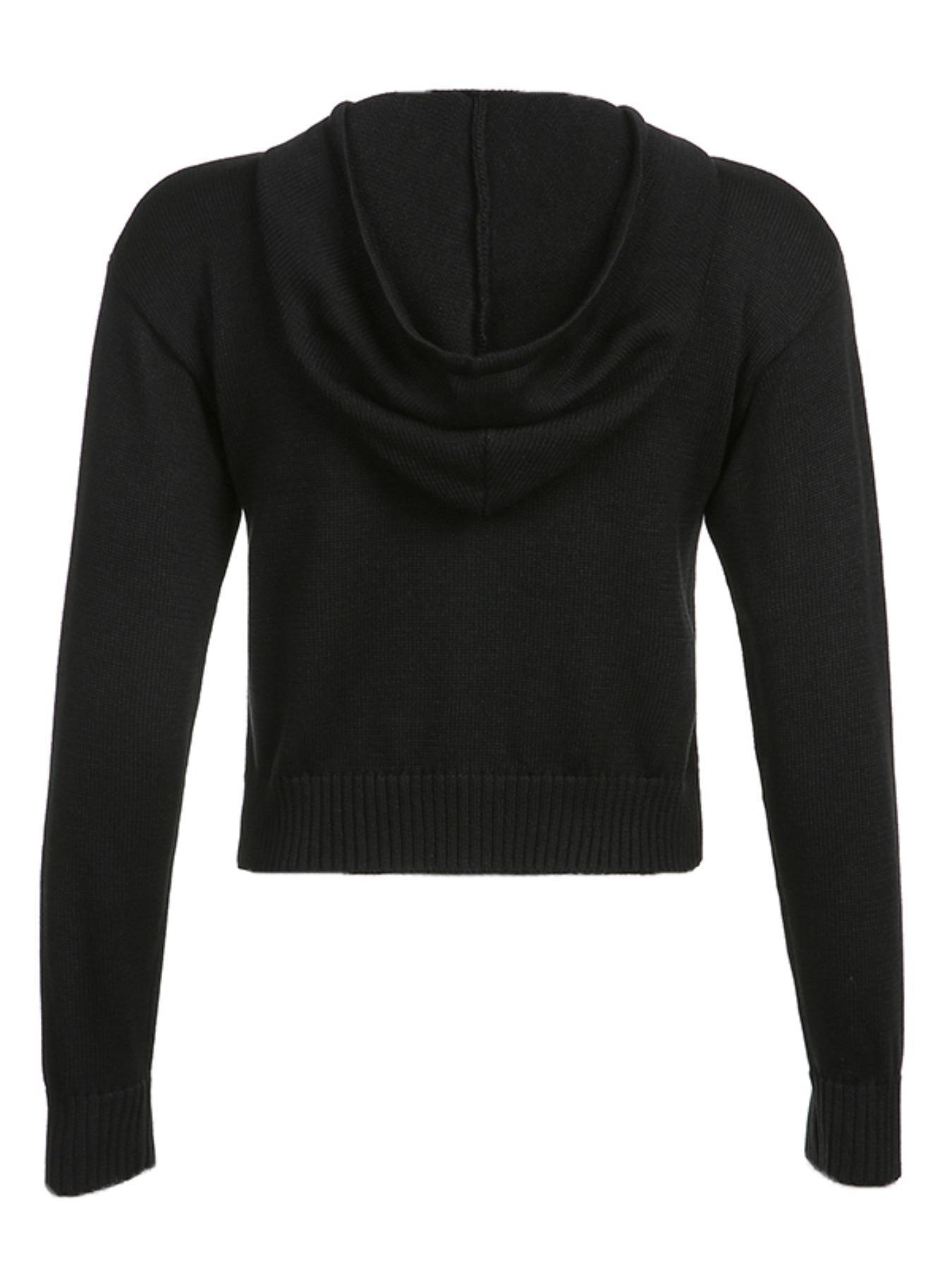Women's Plain Drawstring Drop Shoulder Zip Up Hooded Crochet Cardigan, Casual Solid Dual Pocket Long Sleeve Outerwear, Women's Clothing