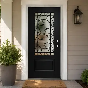 ARCH 36x80 Fiberglass Entry Door with 4-9/16 Vinyl Frame Black 3/4 Lite Wrought Iron Decorative Glass Left Hand Inswing Knock-Down Front Door for Home Entrance Garden Outdoor Use, Black Color Options, Fiberglass Material, American Design/Luxury/Moder