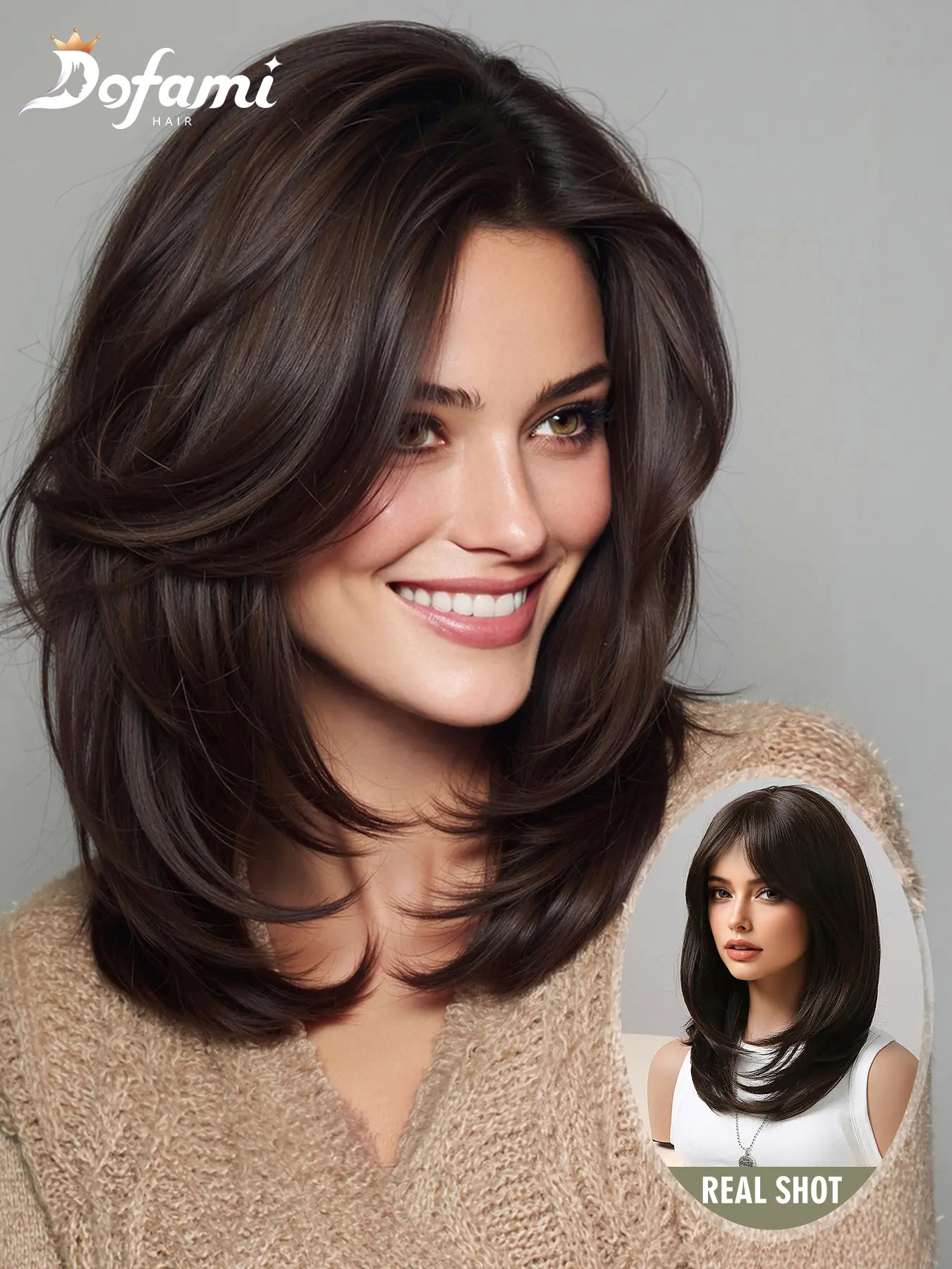 Mechanical Fiber Medium-Length Wig, Deep Layered Inner Curl Side Part Bangs, Natural Lockbone Color, Heat-Resistant Synthetic Hair, Synthetic Hair Wigs