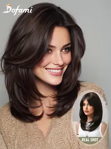 Mechanical Fiber Medium-Length Wig, Deep Layered Inner Curl Side Part Bangs, Natural Lockbone Color, Heat-Resistant Synthetic Hair, Synthetic Hair Wigs