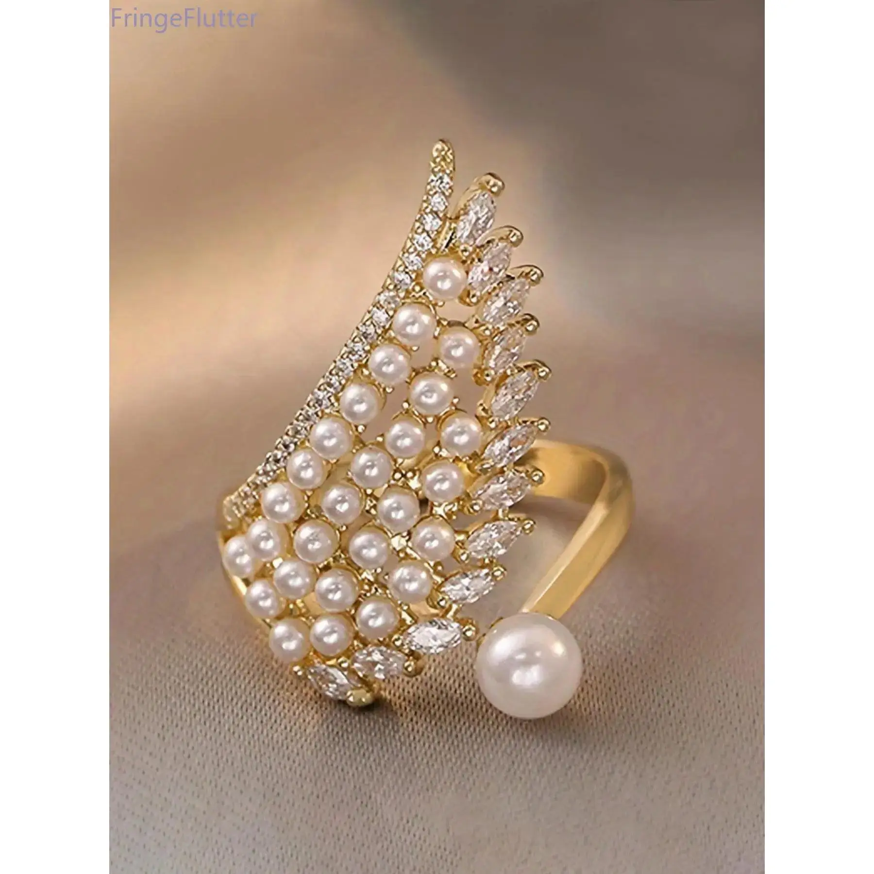 Women's Adjustable Faux Pearl Ring - Copper Base Open Band with Sparkling Rhinestone Decor, Exquisite Fashion Jewelry for Females, Indoor Recreation Accessory Gift