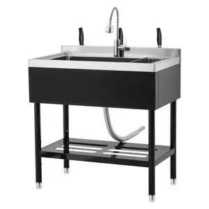 Freestanding Stainless Steel Utility Sink, Single or Double Bowl Commercial Laundry Tub with 360° Hot/Cold Faucet Options, Adjustable Legs, Drain Basket, Bottom Shelf & Backsplash, Heavy Duty Wash Station for Kitchen, Garage, Laundry Room & Outdoor