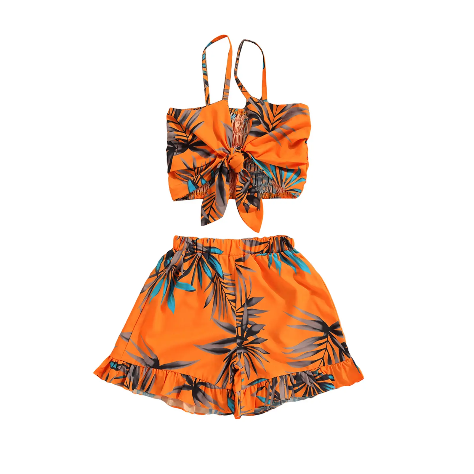 Girl 2Pcs Summer Outfit Bowknot Sleeveless Top Leaf Print Loose Shorts Orange Cute Beach Set