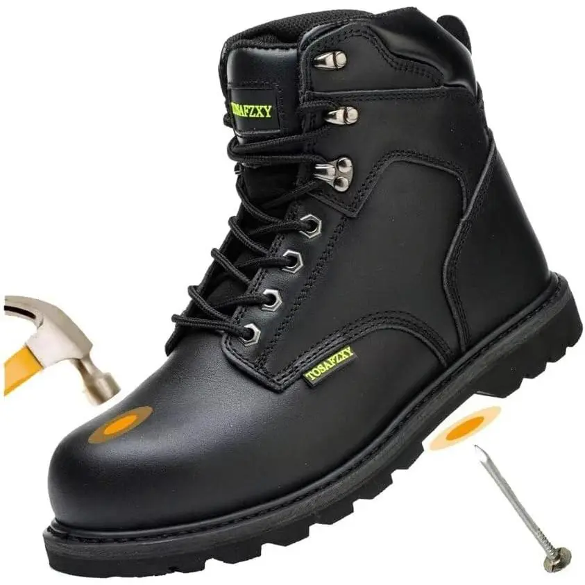 Men's Crazy-Horse Leather Flexible Lace-up Ankle Safety Work Boots, Steel Toe, Waterproof, Puncture-Resistant Worker Footwear, Plaid, Laces, Fire-And-Safety-Shoes, All Seasons, Puncture-Proof, Fits Most Feet