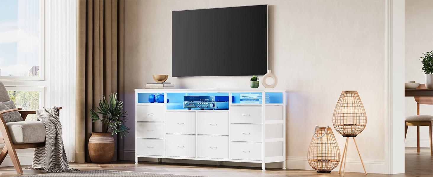 10-Drawer Dresser TV Stand for 65, 70, 75 Inch TVs, 63" W Long Fabric Entertainment Center, Chest of Drawers for Bedroom with LED Lights & Power Outlets,White