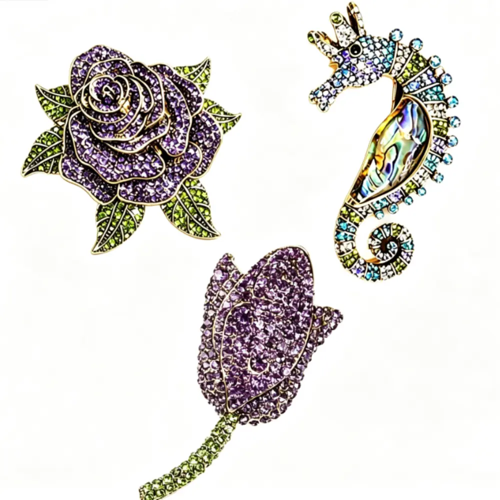 3 Styles Middle Vintage Women Men Palace Crystal Bird Flower Badges Brooches Unisex Classic Gorgeous Party Banquet Jewelry