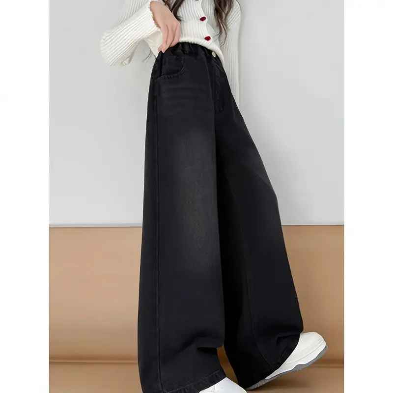 Y2K Girls' Vintage Wide-Leg Jeans with Back Pocket Bow Embroidery Design, Korean Style Loose Slimming Long Pants for Older Girls, Versatile Trendy Pants for Girls