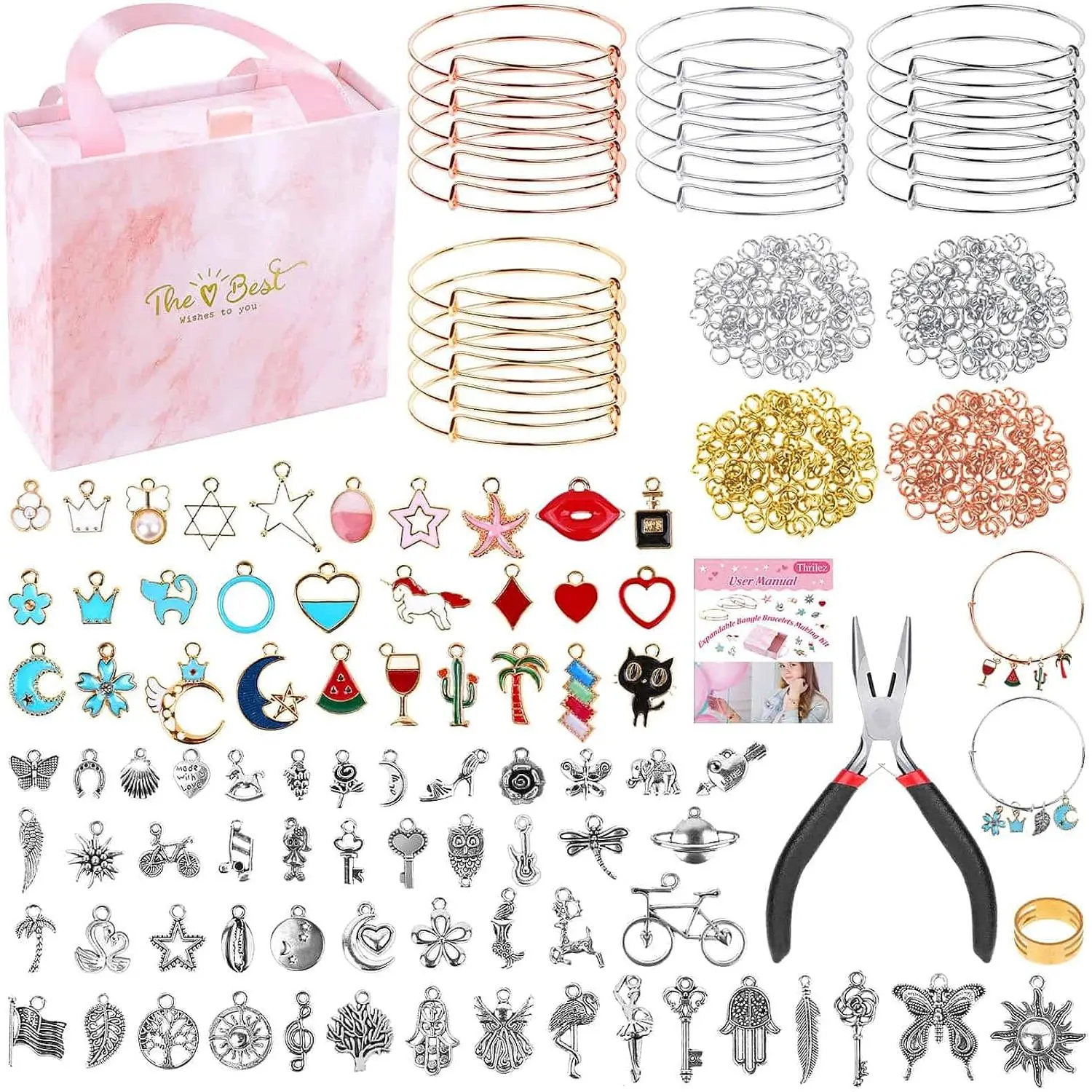 300 count Charm Bangle Bracelets Making Kit with Expandable Bangles, Charms, Jump Rings and Pliers for  Making Bangle Bracelets (with  Box and Tools)