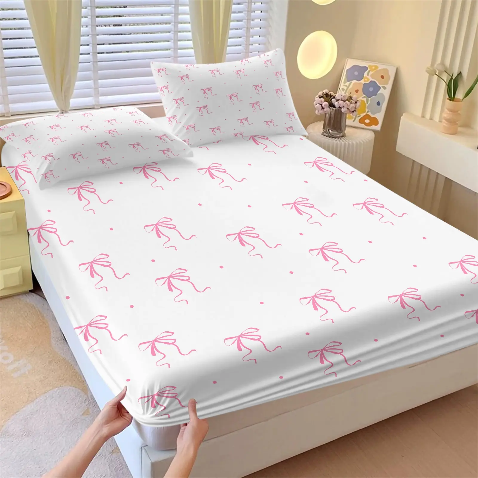 Simple Pink Ribbon Bow Dot Print Bed Fitted Sheet Set, Bedsheet Set, Includes 2 Pillowcases, Soft Girly Ins Aesthetic, Stretch Elastic Non-Slip Mattress Cover, Skin-Friendly Machine Washable Fabric, Lovely Room Decor Gift for Sweet Girls