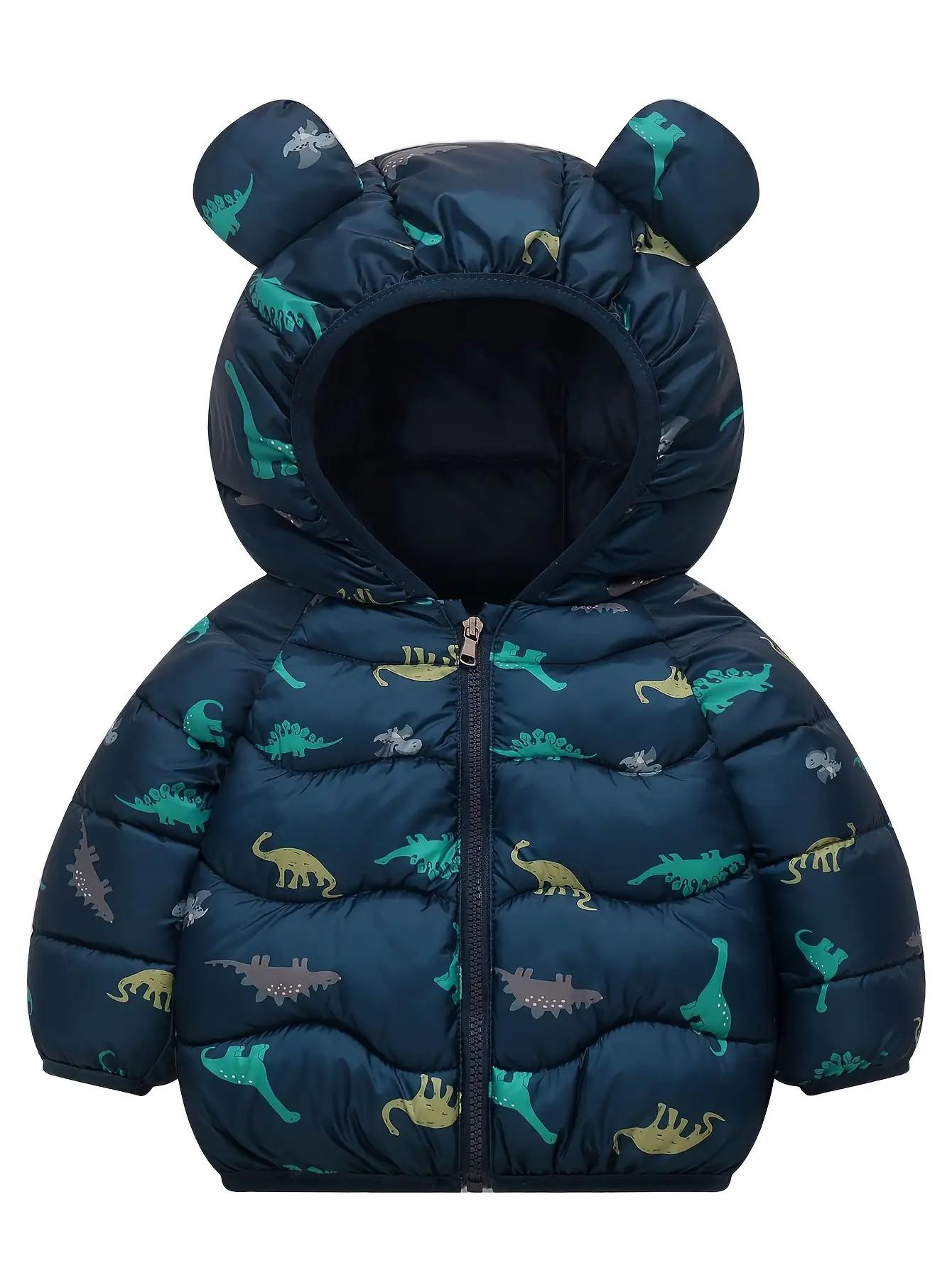 Boys' Dinosaur Hooded Winter Coat - Warm Insulated Jacket with Zipper Closure, Dark Blue Cartoon Dinosaur Print, Soft Polyester for Toddlers & Infants, Autumn & Winter Outerwear, Kids Zippered Sweatshirt, Playful Kids Fashion, Durable Kids Wear, Cold Weat