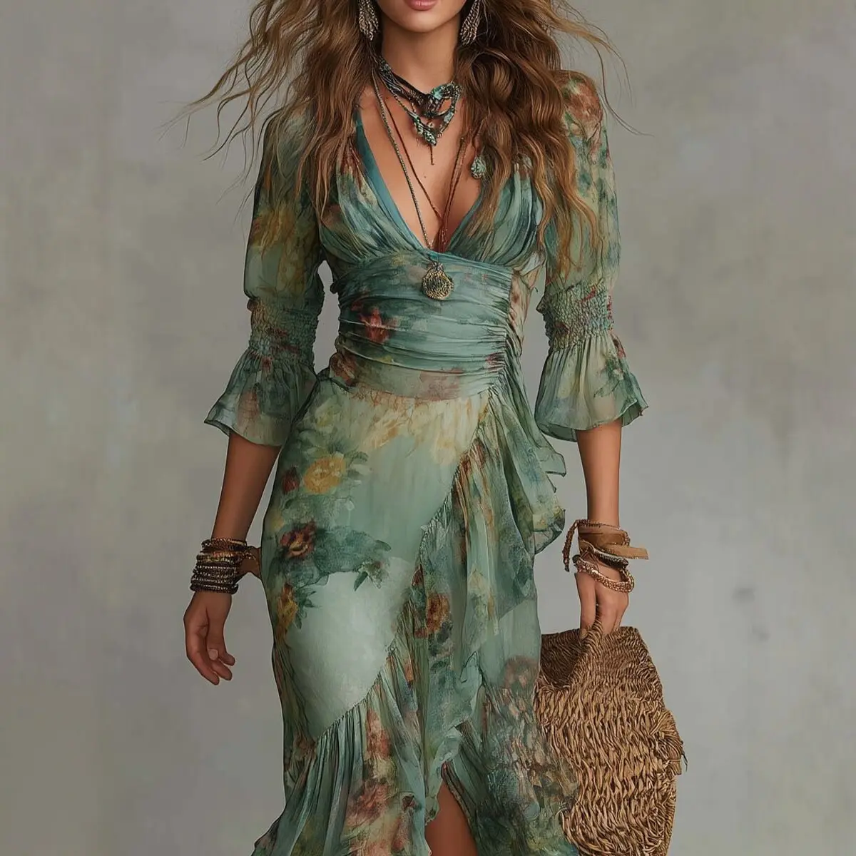 oho Floral Wrap Maxi Dress for Women, V‑Neck 3/4 Bellboho wrap maxi dress for women, vintage floral printed long dress, three‑quarter bell sleeve dress, high‑low ruffle hem dress, western cowgirl outfit, beach vacation dress, wedding guest flowy dress