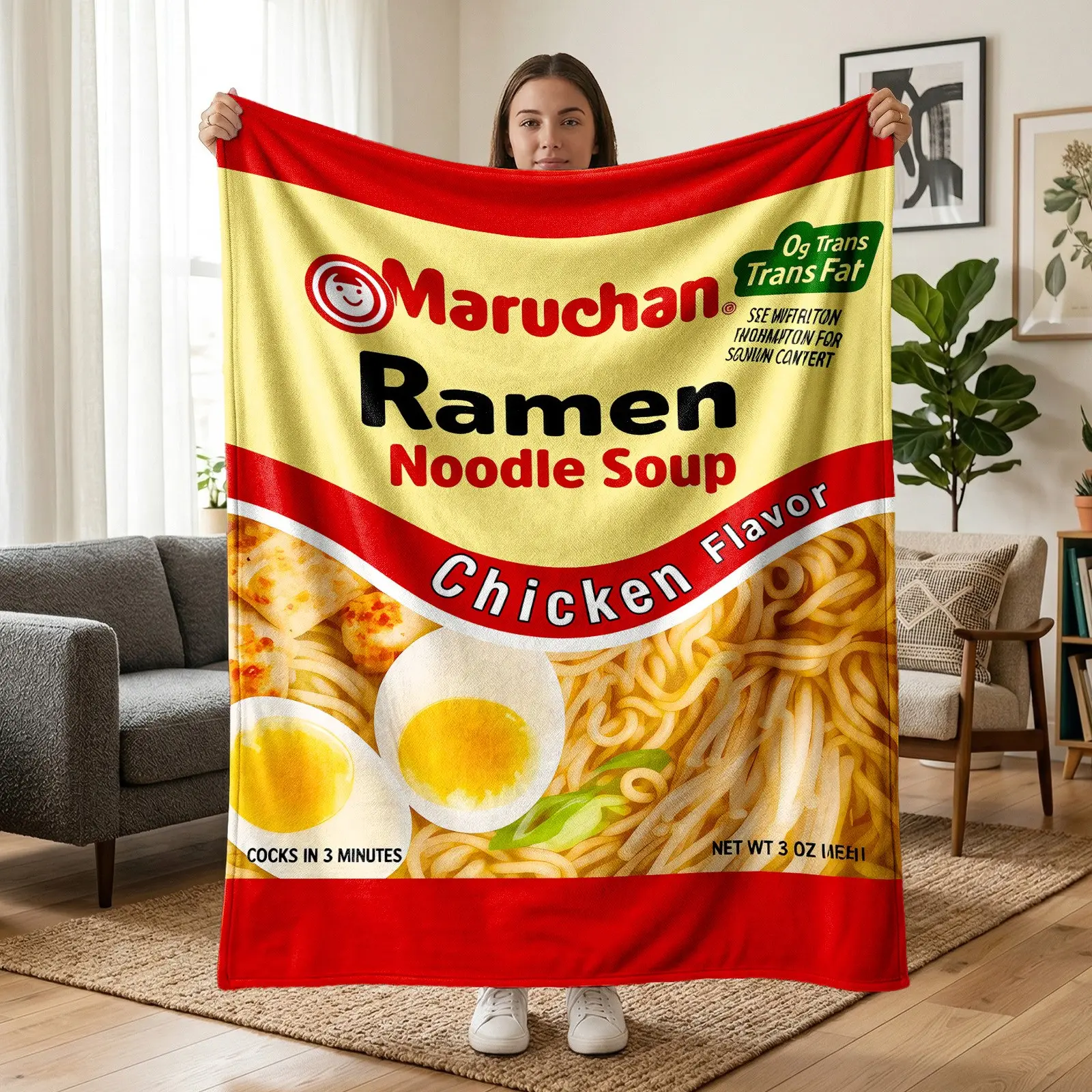 1pc Japanese Ramen Package Fleece Blanket, Maruchan Ramen Noodle Soup, Chicken Flavor, Noodles, Eggs & Red Wave Print, Vintage Instant Food Style. Soft Warm Multi-use Throw for Sofa, Bed, Office, Camping, Perfect Food Lover Gift.