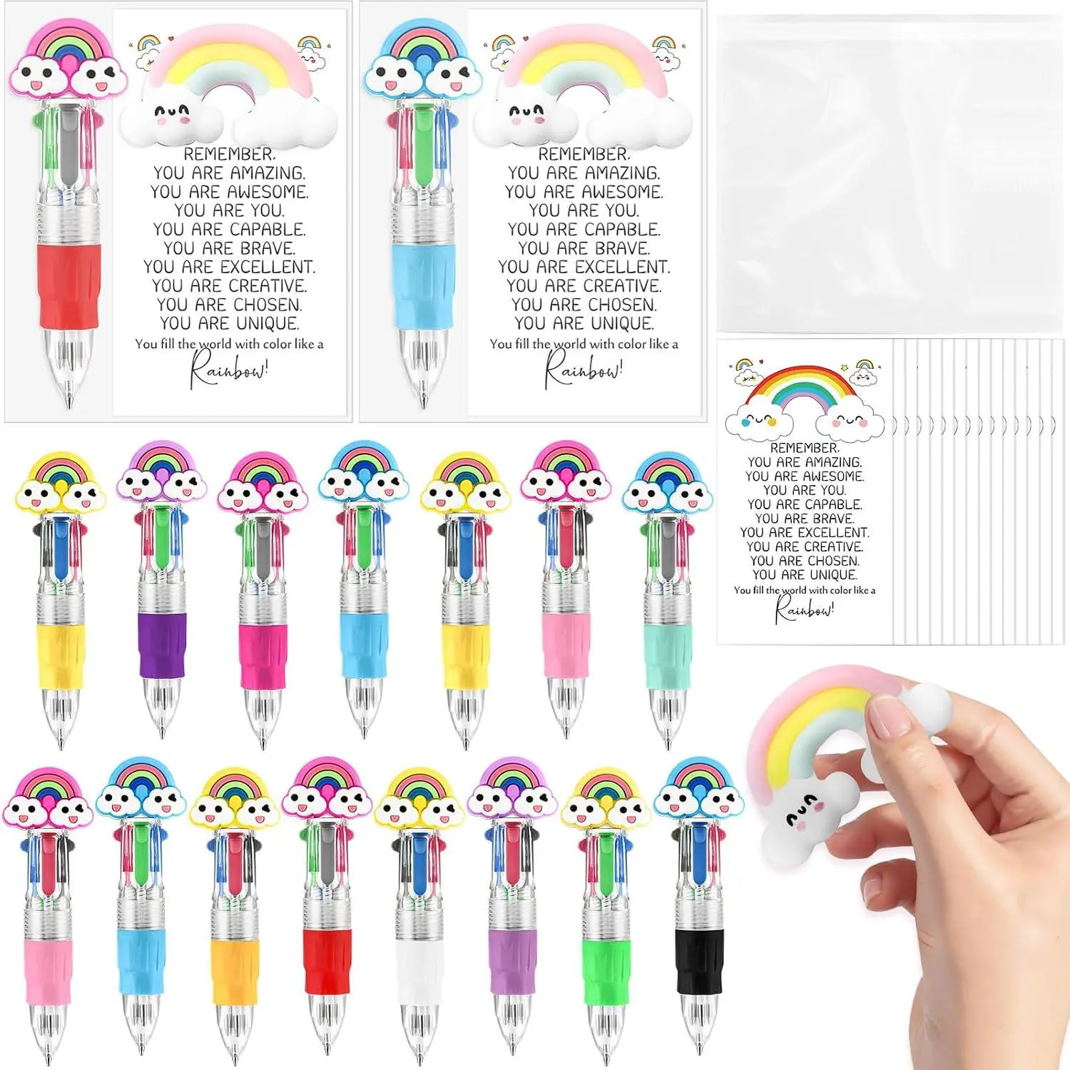 15 Sets  to School Gifts for Student Rainbow Motivational Support Pens Bulk 4-in-1 Multicolor Ballpoint Pen Squeeze Mini  Balls Inspirational Card for Rewards Party Favors