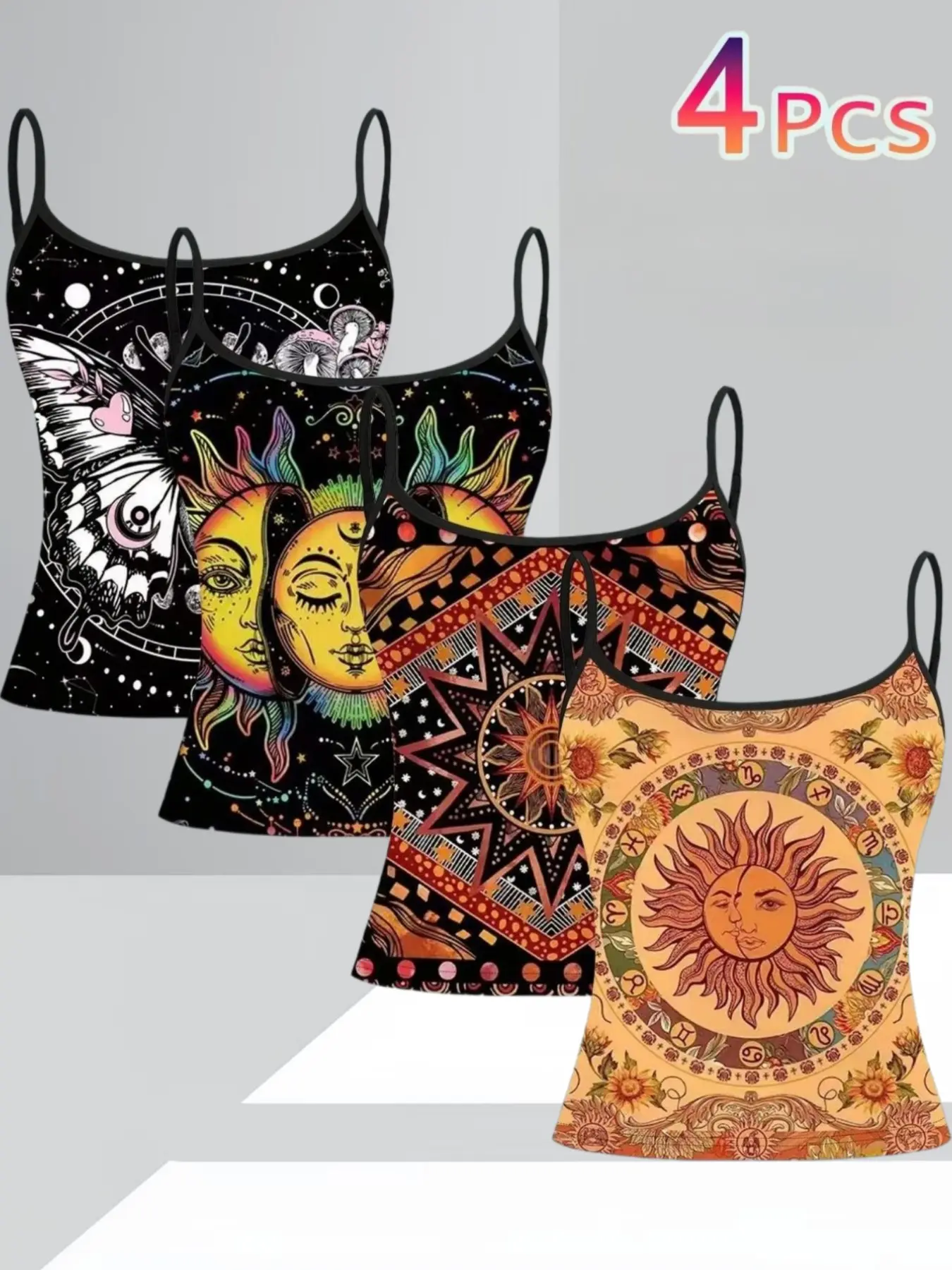 Plus Size Boho Sun Moon Print Tank Top, Slim Fit Sexy Summer Vacation Set, Casual Summer Sleeveless Graphic Unlined Clothing, Four-Piece Pack, Bohemian