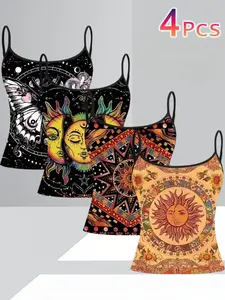 Plus Size Boho Sun Moon Print Tank Top, Slim Fit Sexy Summer Vacation Set, Casual Graphic Unlined Clothing, Four-Piece Pack, Bohemian
