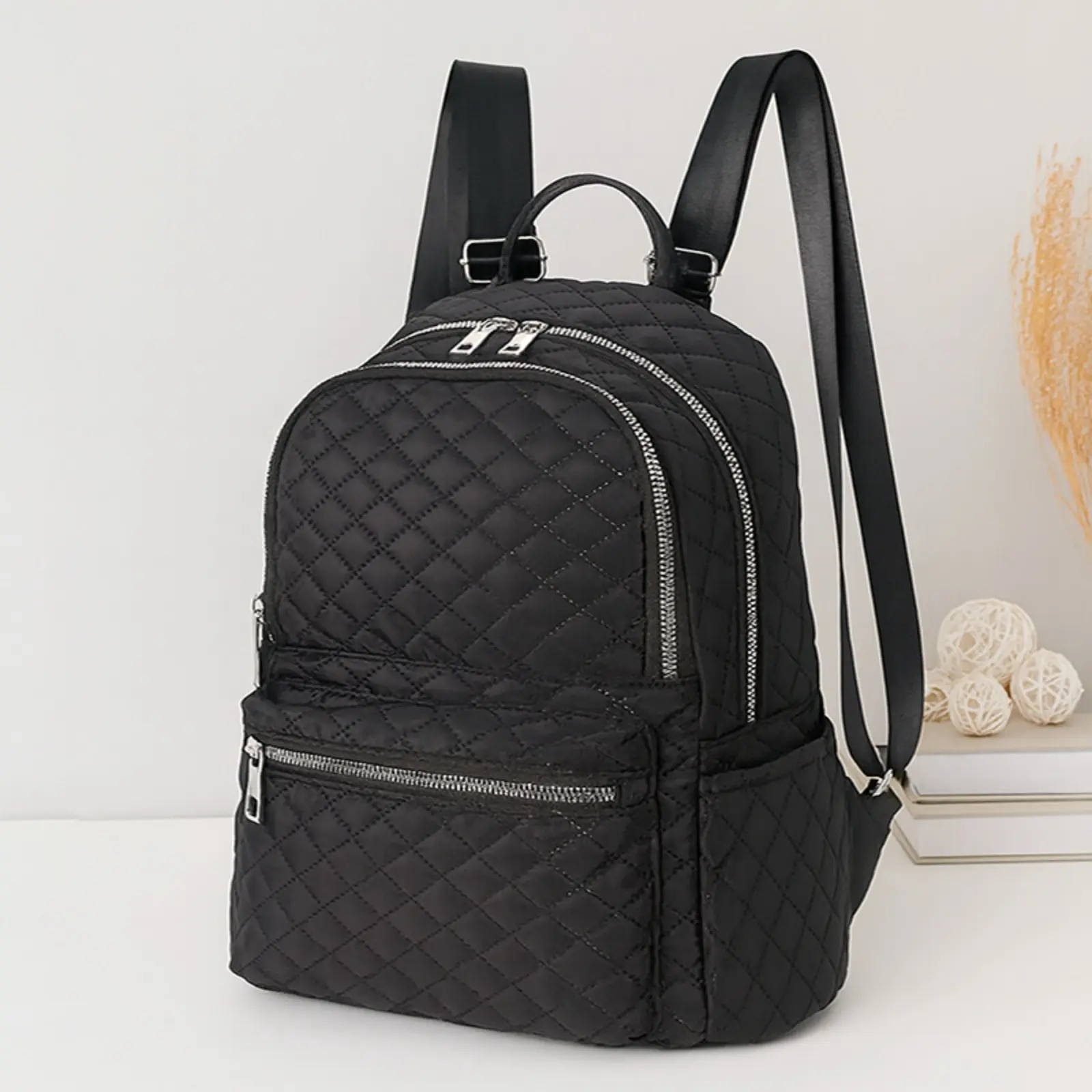 Black Diamond Quilted Nylon Backpack, Minimalist Soft Padded Women Daily Daypack, Multi Zipper Pocket Lightweight Quilted Shoulder Bag, Adjustable Wide Strap Travel Backpack for Work School Shopping Outdoor