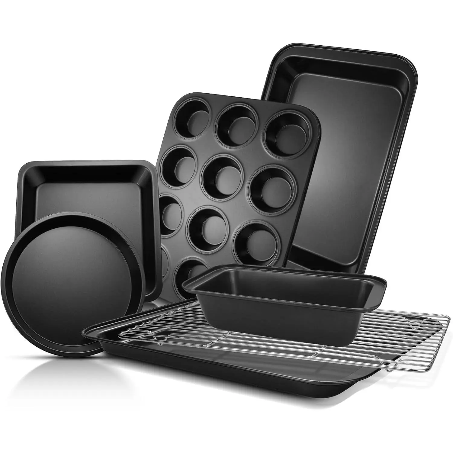 Bakeware Sets, Baking Pans Set, Nonstick Oven Pan for Kitchen with Wider Grips, 7-Piece with Round/Square Cake Pan, Loaf Pan, Muffin Pan, Cookie Sheet, Roast Pan, Cooling Rack, Carbon Steel Bake