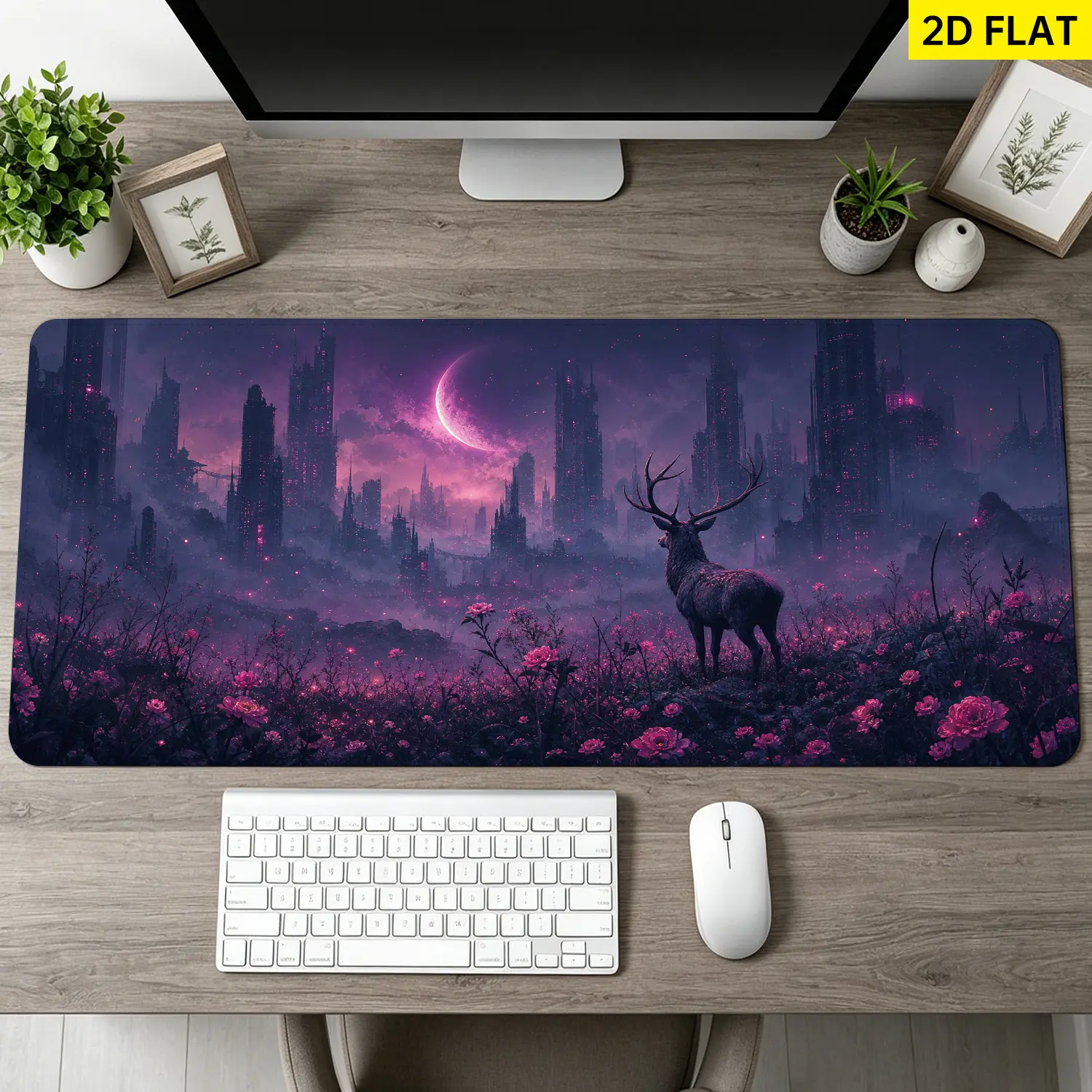 Extra Large mystical purple cyber city deer Mouse Pad,Non Slip Rubber Pad,Desktop Decoration Drotection Pad,Washable,Lock Edge Multi Size,Premium Multipurpose Mousepad For Gaming Desk,Home Office,Gift for Family and Friends