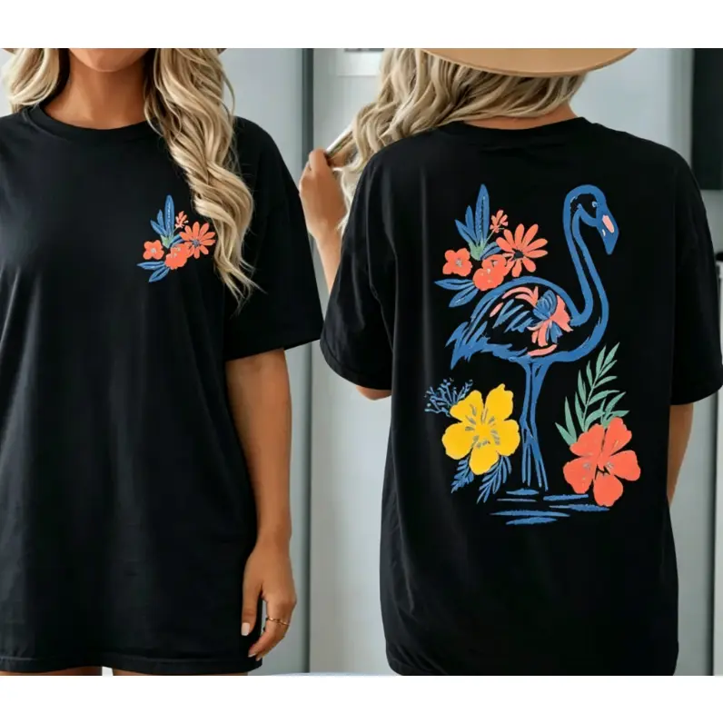 Flamingo Floral Summer T-shirt Front And Back Flamingo T-shirt Coquette Flamingo Floral Summer Beach Vacation Tee Shirt