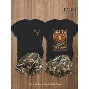 Women's 2-Pack Western Bull Print Short Sleeve T-Shirt & Camo Shorts Set, Soft Casual Fabric, Daily Streetwear Loungewear, Black Beige Pink White Purple Red Multi-Color Options.