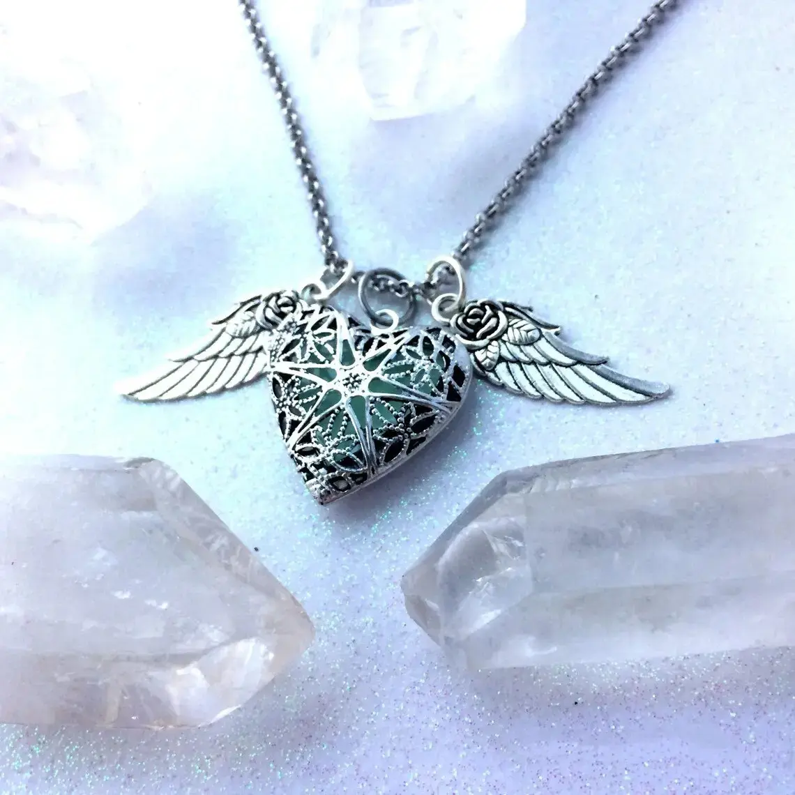 Glow in the Dark Gothic Heart Locket Necklace with Angel Wings – Vintage Jewelry