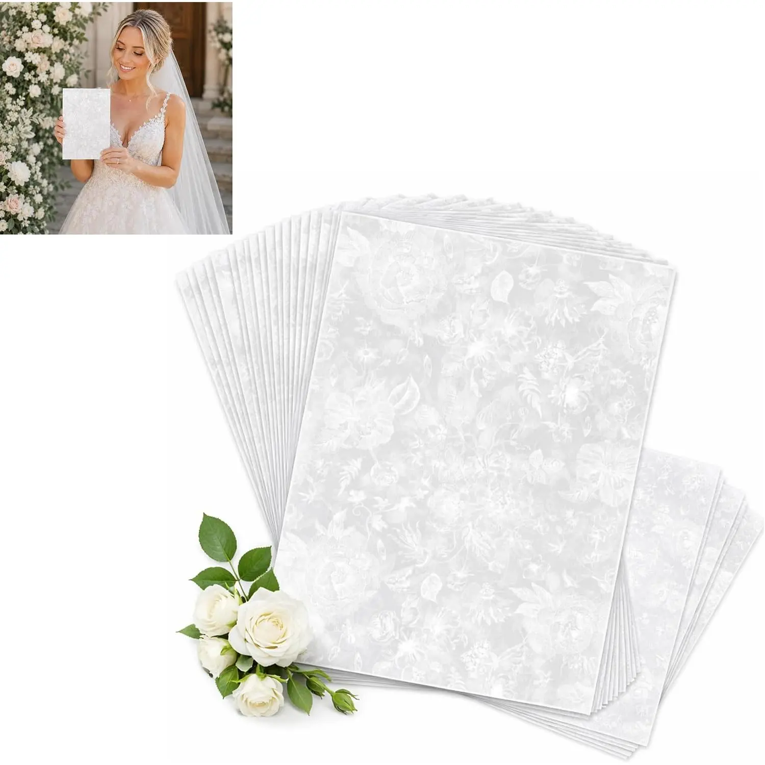 Translucent Vellum Jackets for 5x7 Invitations, 120gsm Frosted Wraps, Pre-Folded Invitation Sleeves, 50 Pack for Wedding, Bridal Shower, Party, DIY Card &  Card Packaging (White Flower)
