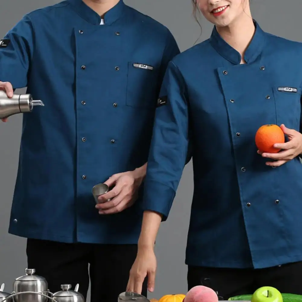 Chef Shirt Solid Color Pocket Double-breasted Long Sleeve Catering Buttons Chef Uniform Unisex Cook Shirt Hotel Chef Clothes