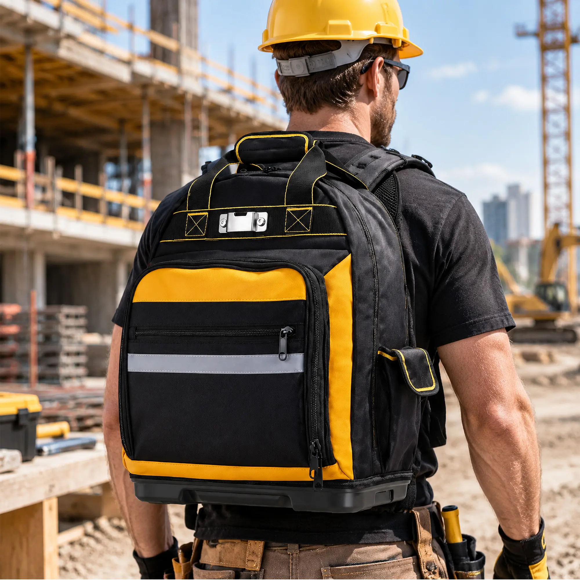 IdealHouse Heavy Duty Tool Backpack for Electrician, Multi-Pocket Tool Bag with Hard Molded Base, Water Resistant Oxford Cloth Tool Storage Backpack with Reflective Strip for Construction and DIY Repair