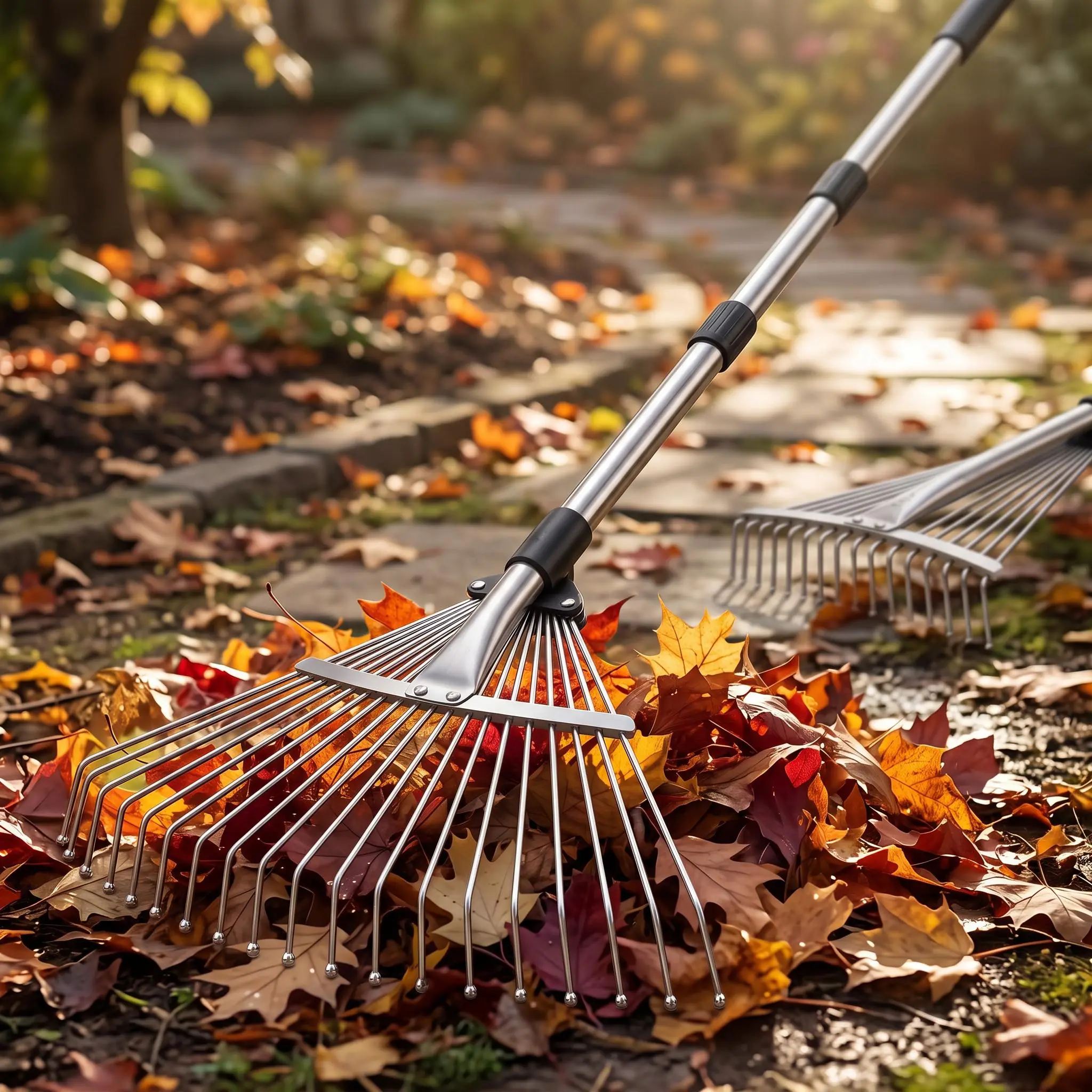 【IdealHouse】Adjustable Leaf Rake, Durable Gardening Tool with 6.8 ft Height-Adjustable Handle, Metal Landscape Rake Head