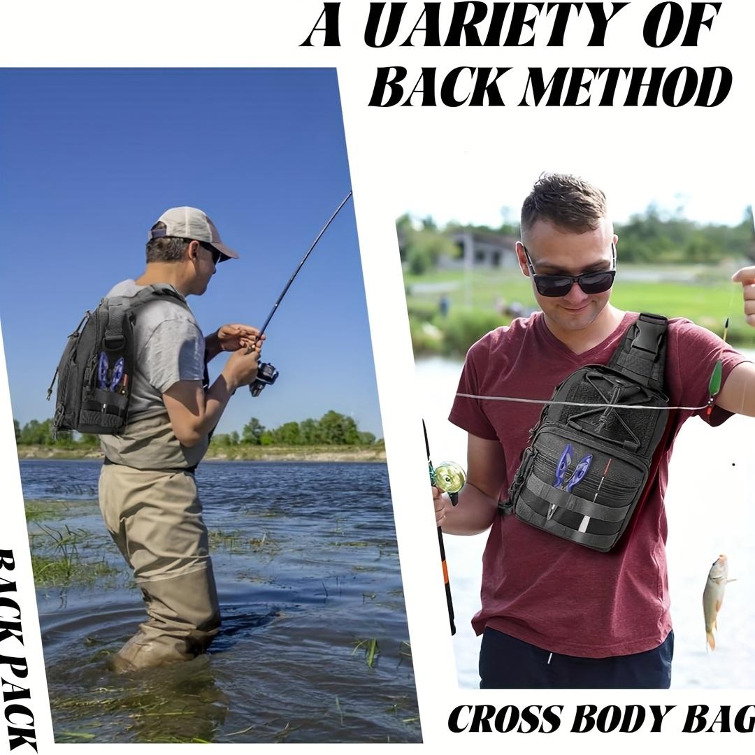 Outdoor single-shoulder fishing backpack, fishing tackle storage bag, gear backpack with fishing rod holder, tactical crossbody bag, large capacity, Molle chest pack, suitable for hiking, traveling, cycling, hunting, and everyday commuting for men women