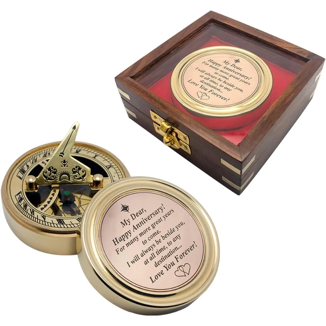 Personalized Brass Sundial Compass with Romantic Message, Wooden Gift Box - Anniversary Gift for Her or Him