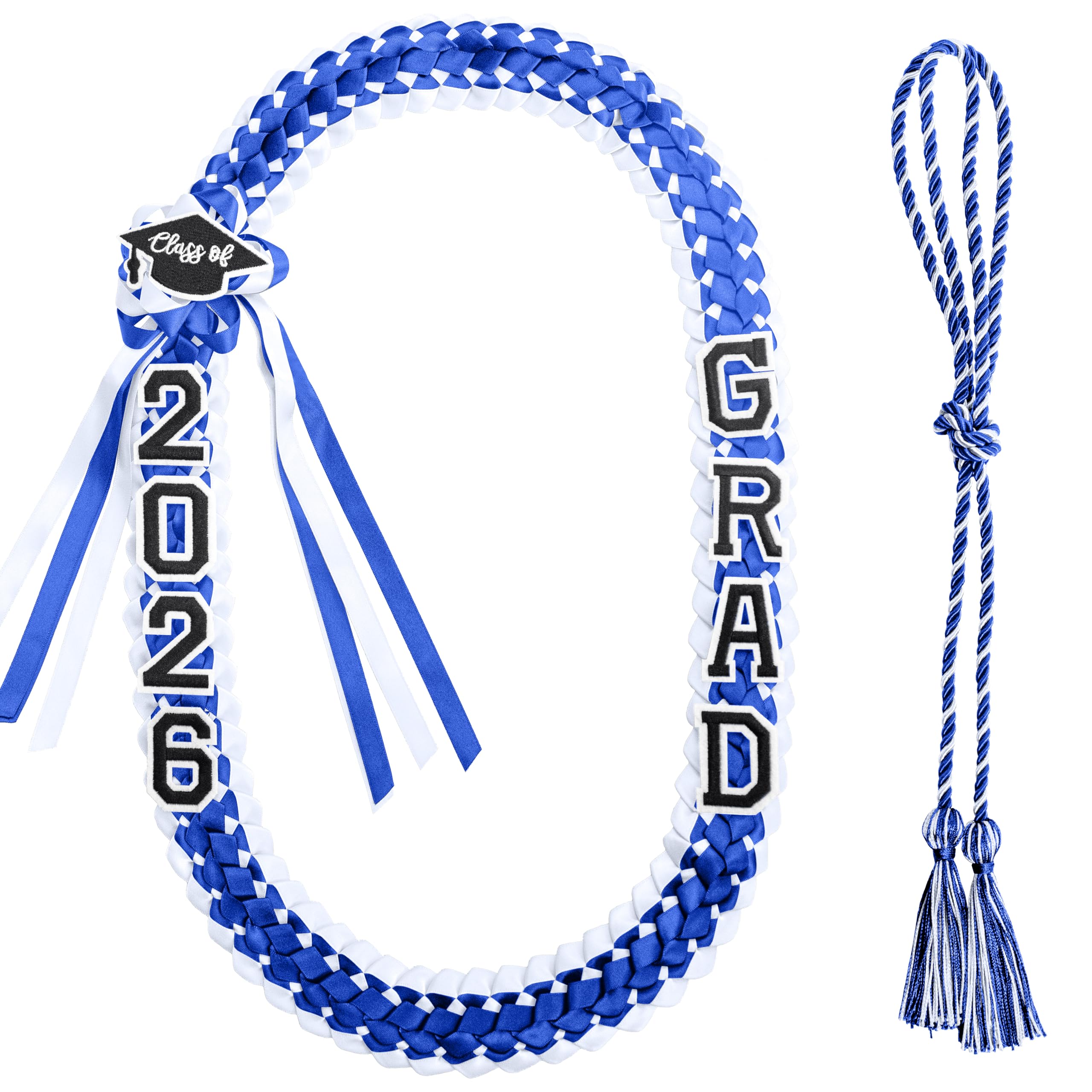 2026 Graduation Leis for Him Her, Hand Woven Blue Braided Ribbon Lei With GRAD Letters And Cap Charm, Adjustable Graduation Money Lei Equipped With Safety Pins, Premium Grad Party Favors Decor For Class of 2026 Graduation Ceremony Celebration Gifts