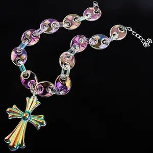 Sexy supermodel wind transparent AB color resin large cross pendant collarbone chain necklace