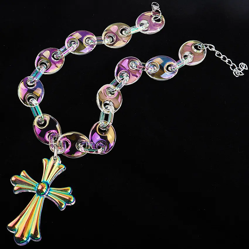 Sexy supermodel wind transparent AB color resin large cross pendant collarbone chain necklace