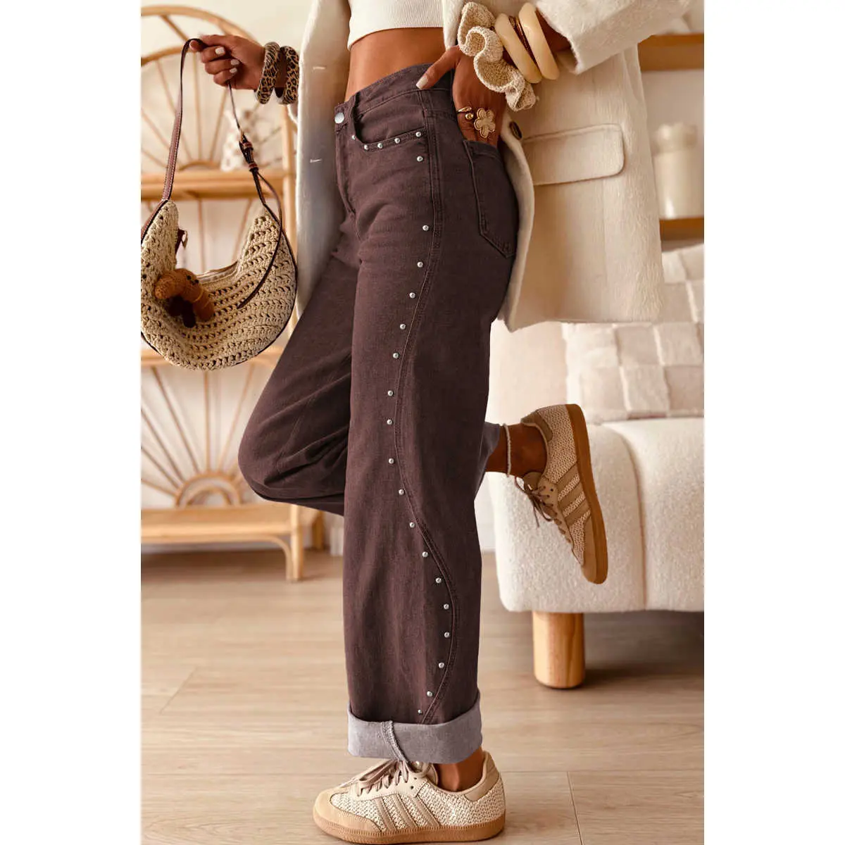 BF Men's Coffee Rivet Detail Cuffed Ankle Jeans - Relaxed Fit Cotton Blend Casual Fabric Bottoms for Fall Everyday Outfits