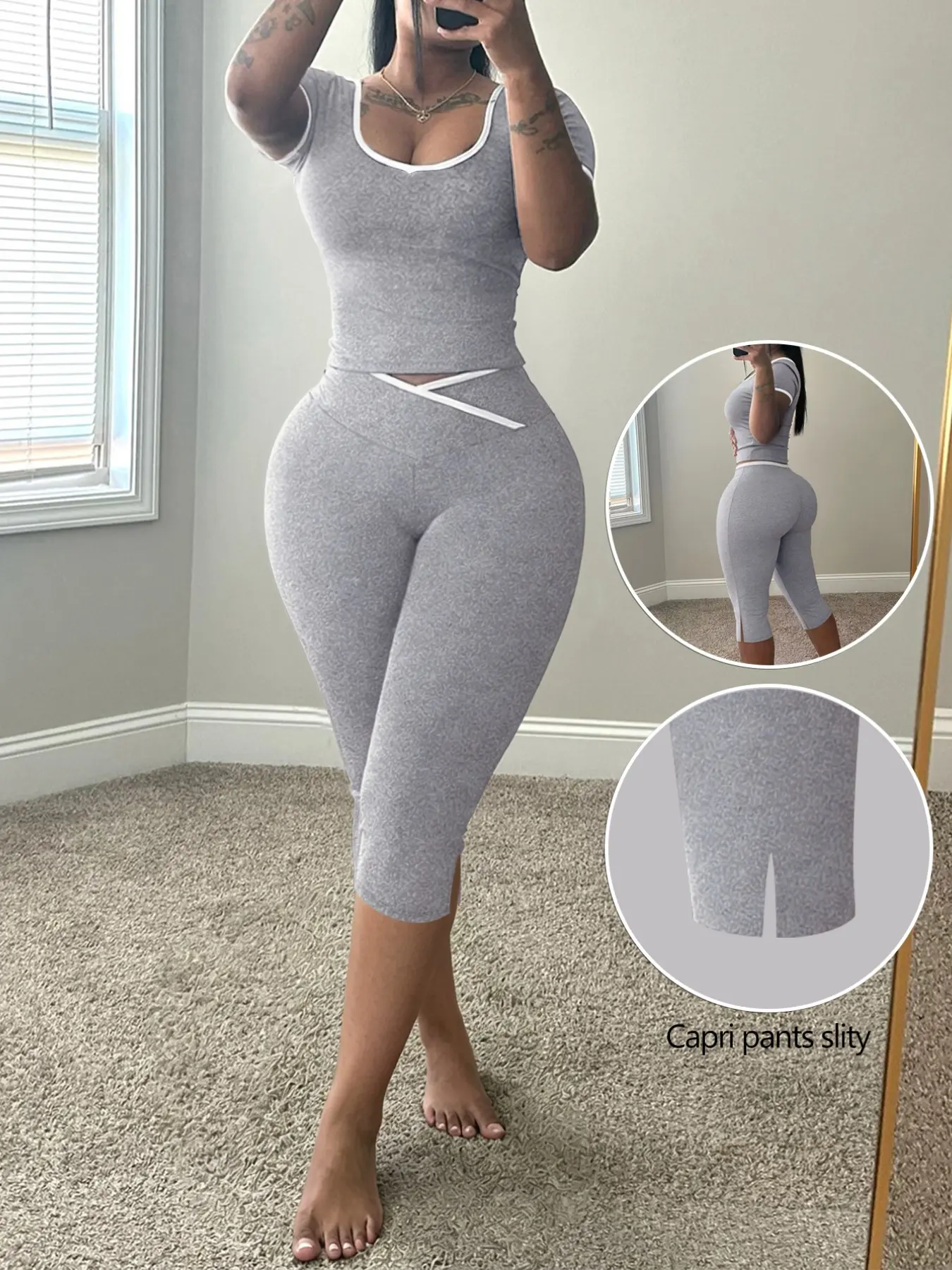 Lw Sherowear Chic Soft Basic Fashion Women's Slim Fit Short Sleeve and Capri Set, Split Leg, Perfect for Summer Home Wear