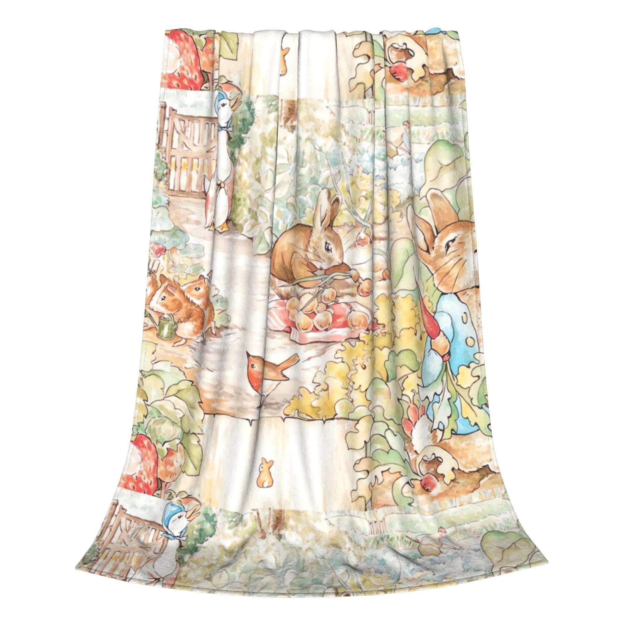 A vintage blanket from the world of Beatrice Potter - Large, soft flannel, featuring Peter Rabbit, Jemima Paddle Duck, and Mrs. Tigger Winkler - A comfortable all-season bedspread suitable for the sofa, living room, and bedroom - Adorned with illustration