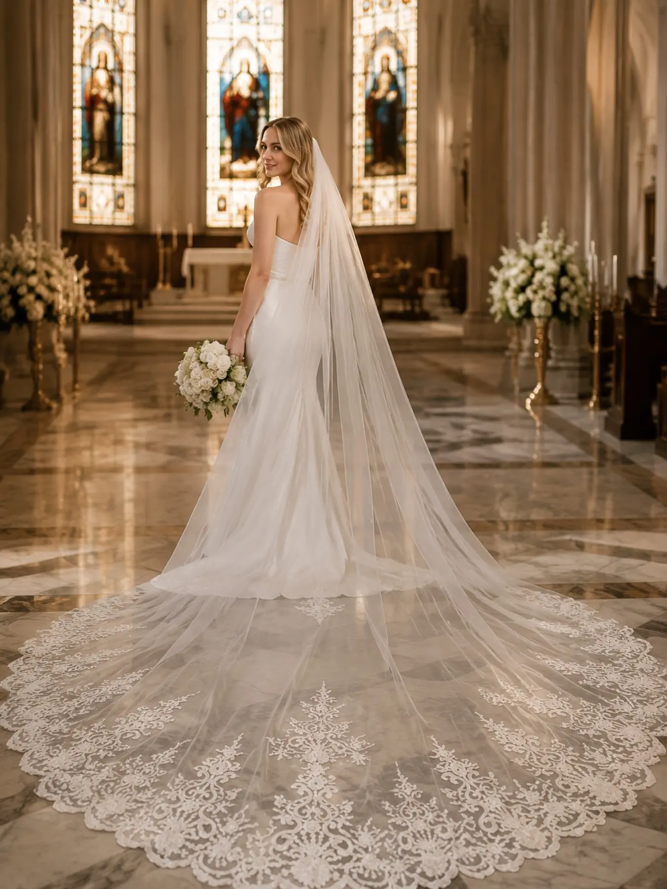 3-Meter Floral Lace Cathedral Veil – Grand, ornate single-tier ivory tulle bridal veil with an extra-long train; an elegant accessory perfect for European-style cathedral weddings and photography, Wedding Veils For Brides
