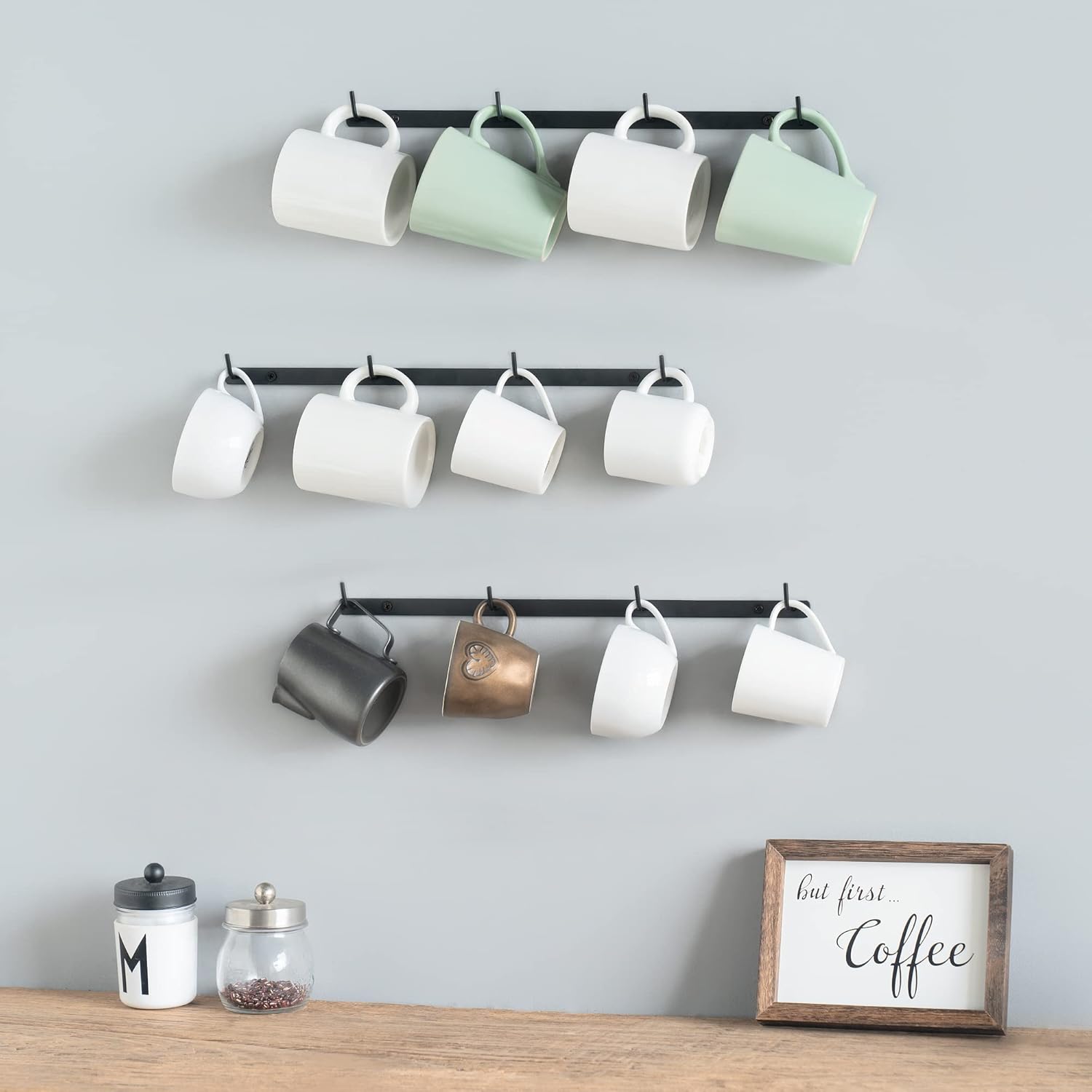 THE WELL KEPT Metal Coffee Mug Rack Wall Mounted with 12 Hooks, Set of 3, Mug Display Rack Cup Holder Storage for Kitchen Dining Room Coffee Bar, Black