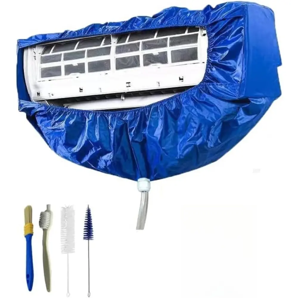 Blue Air Conditioner Cleaning Cover Complete Tool Kit with Drain Hose, Wall Protector Pad, Cleaning Towels, Work Gloves, Red Pry Bar & Washing Brush, Wall Mount Split AC Indoor Unit Water Catch Bag for Household Aircon Washing,Split AC Cleaning Kit